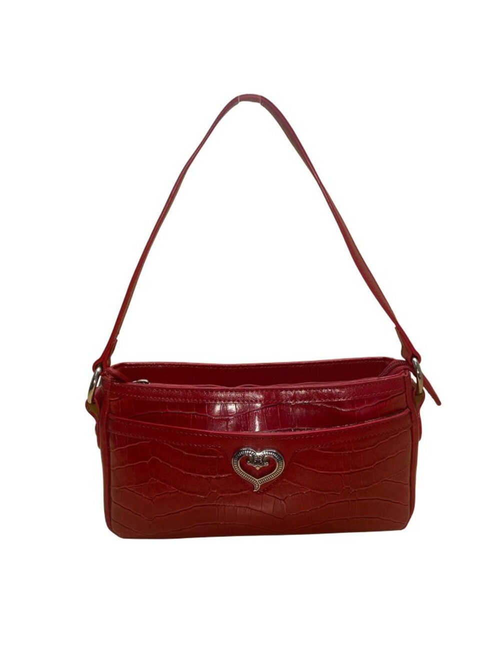 Brighton Women's Red Faux Leather Croc Embossed With Heart Accent Shoulder Bag